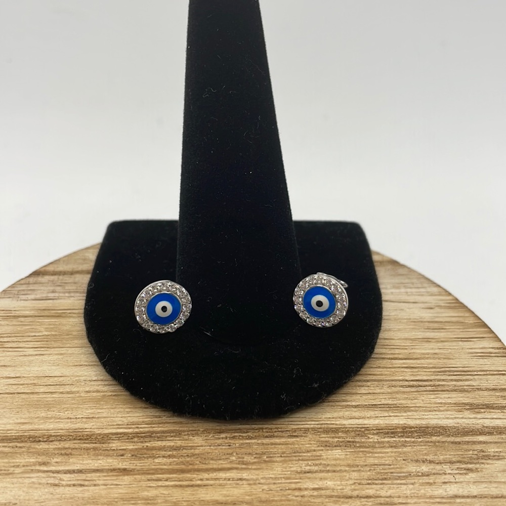 STERLING SILVER ENAMEL EVIL EYE CENTER WITH CZ BORDER STUD